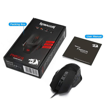 Redragon M609 Mouse with ergonomic design next to its packaging box and user manual