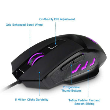 Redragon M609 RGB mouse featuring a purple LED-lit scroll wheel, ergonomic thumb buttons, on-the-fly DPI adjustment, & Teflon pads