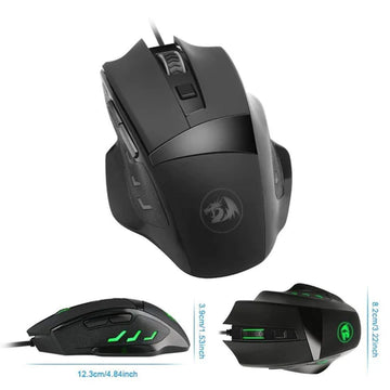 Redragon M609 Phaser RGB Gaming-Mouse with green LED accents. Features side buttons, a scroll wheel and Dimensions displayed