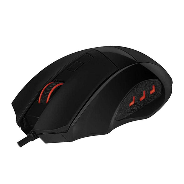 Redragon M609 Phaser Mouse featuring three red illuminated chevron accents on right side & red accented scroll wheel is visible on top