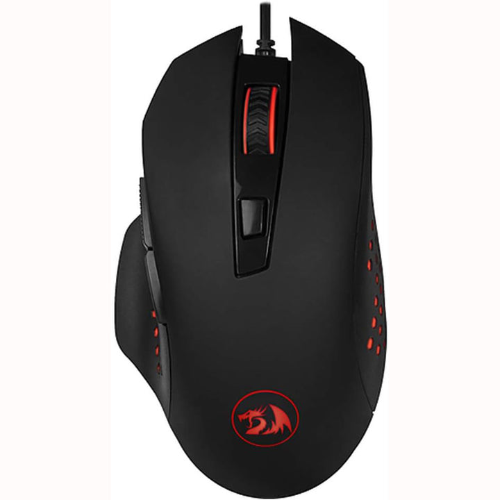 Black gaming mouse with red accents on a white background