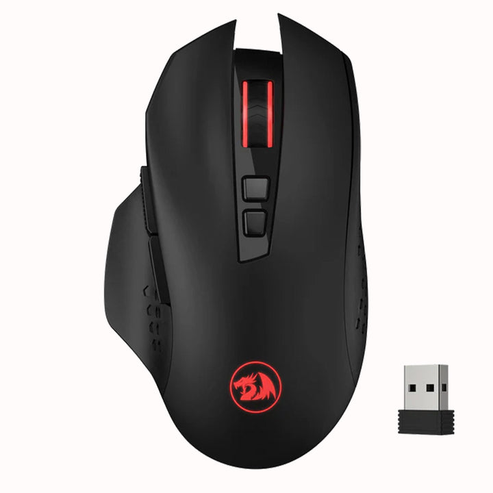 Black gaming mouse with red accents and a USB receiver on a white background