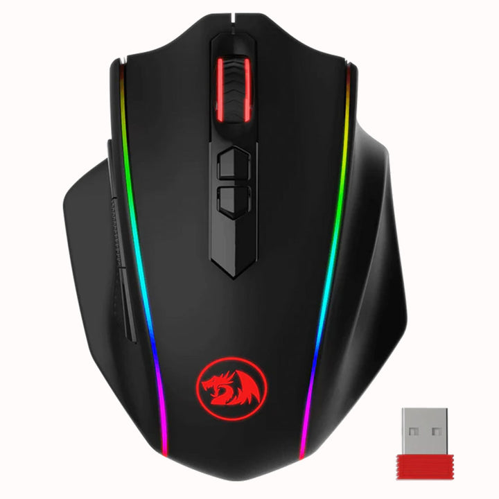 Gaming mouse with RGB lighting and a USB receiver on a white background