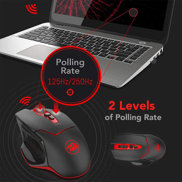 Redragon M690 Black gaming mouse has 2 polling rates (125Hz or 250 Hz)