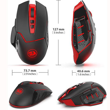 Dimensions of Redragon M690 wireless black RGB gaming mouse: 127mm L, 73.7mm W, 40.6mm H