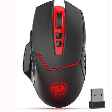Front View of Redragon M690 Mirage Black Wireless Gaming RGB Mouse with USB at the right bottom