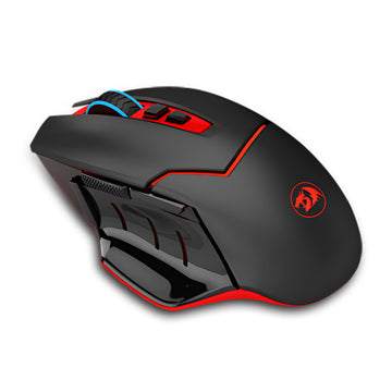 Left side view of the Redragon M690 Mirage black wireless gaming mouse, showing two programmable side buttons and ergonomic grip