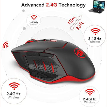 Black wireless gaming mouse highlighting its 2.4GHz connection and 33ft or 10m operating range