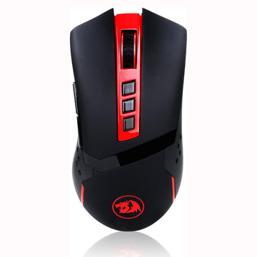 Black gaming mouse with red accents on a white background