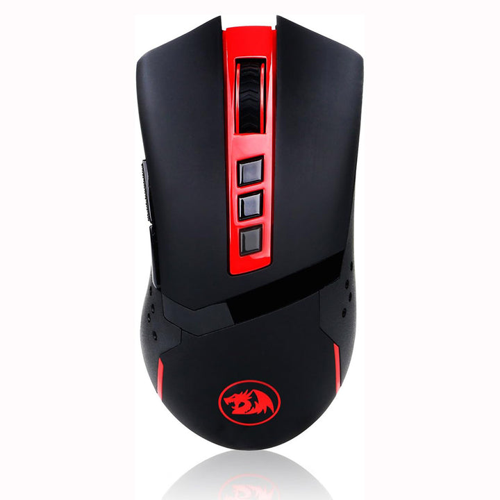 Black gaming mouse with red accents on a white background