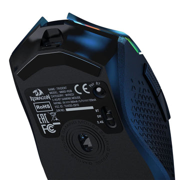 Redragon M693 Trident Pro close-up of the underside mouse, showing regulatory labels and connection modes