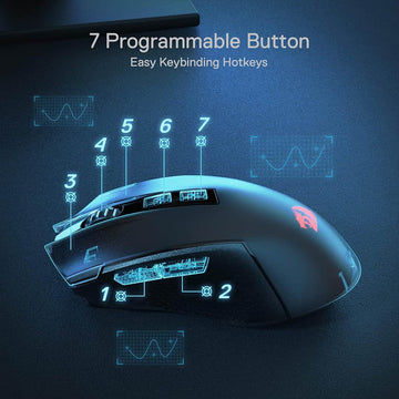Redragon M693 Trident Pro Black RGB Wireless Gaming Mouse with seven highlighted programmable buttons labeled 1 to 7