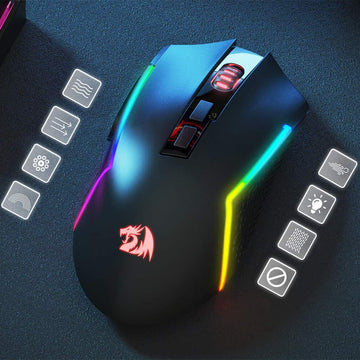 Redragon M693 Trident Pro Mouse with RGB lighting and a glowing dragon logo. Surrounding icons show airflow, speed, and light