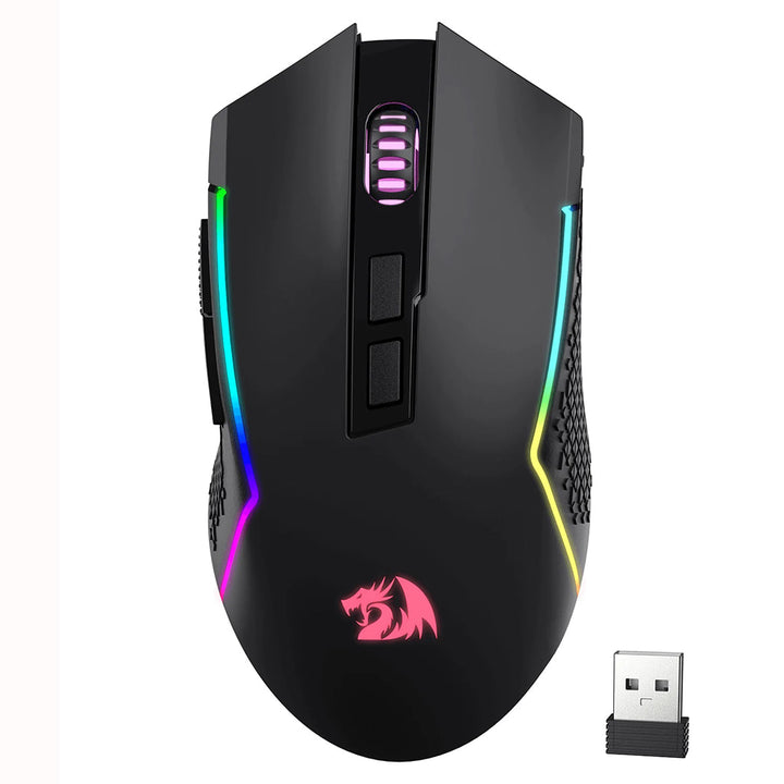 Redragon M693 Trident Pro Mouse with colorful LED lighting on the sides, featuring a dragon logo. Accompanied by a USB receiver