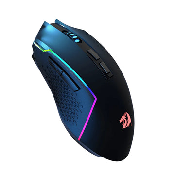 Redragon M693 Trident Pro Mouse illuminated with RGB lighting. It features side buttons, textured grip & a glowing dragon logo