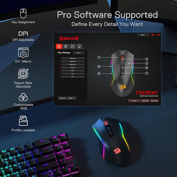 Redragon M693 Trident Pro Mouse software interface shows customizable buttons & settings, emphasizing precision & personalization