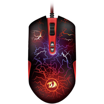 Gaming mouse with red and black design on a white background
