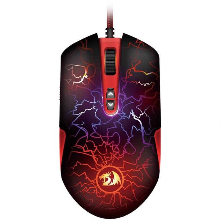 Gaming mouse with red and black design on a white background