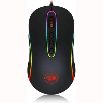 Black gaming mouse with RGB lighting on a white background