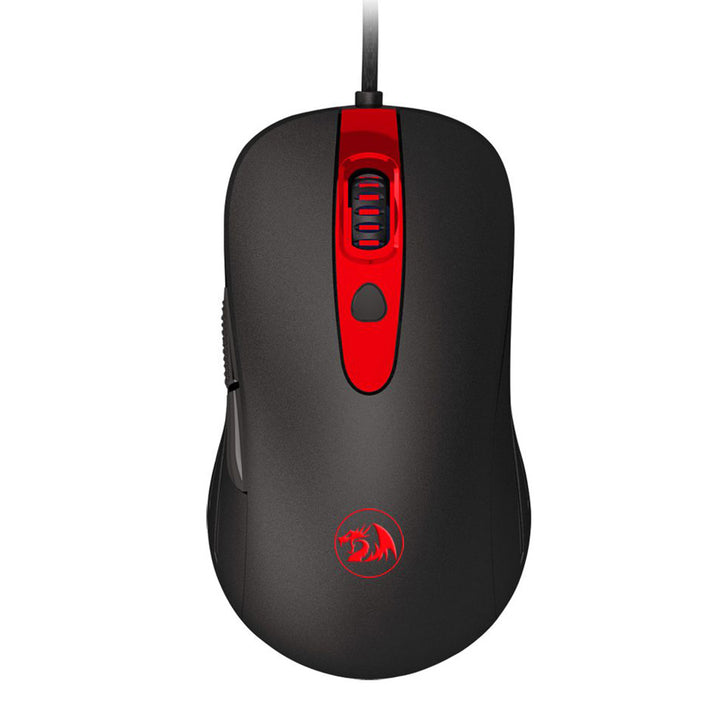 Black gaming mouse with red accents on a white background