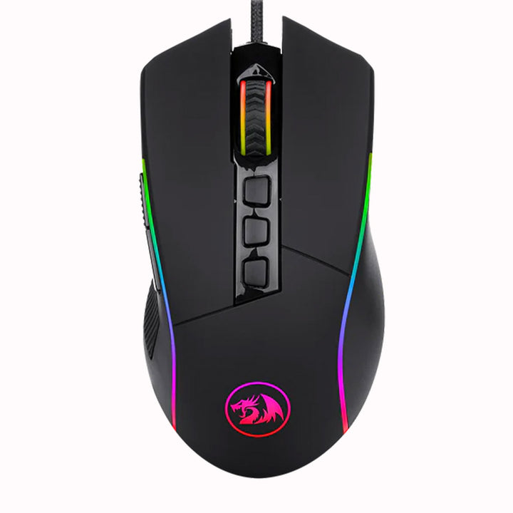 Black gaming mouse with RGB lighting on a white background