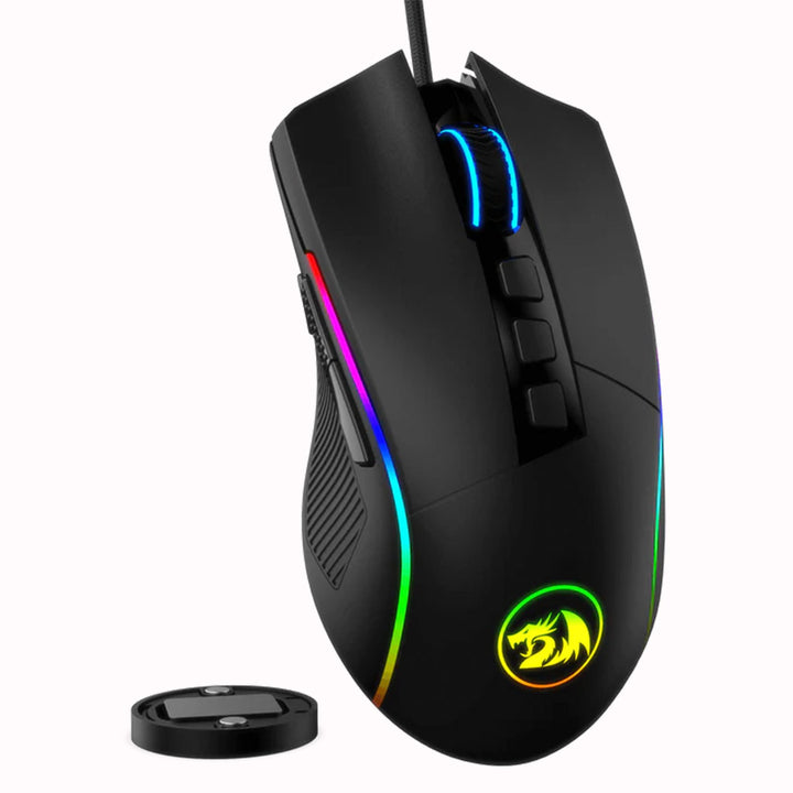 Gaming mouse with RGB lighting and a logo on a white background