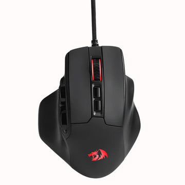 Black gaming mouse with red accents on a white background