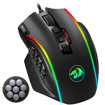Gaming mouse with RGB lighting and additional buttons on a white background