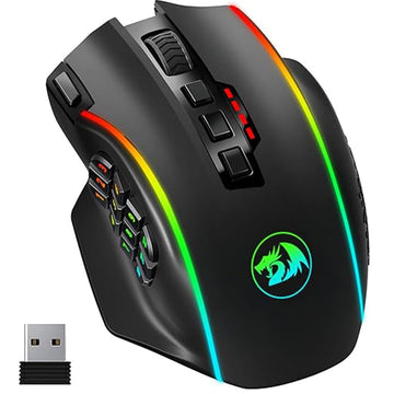 Redragon M901P-KS Perdition black gaming mouse, showing its ergonomic shape, programmable buttons, and vibrant RGB lighting with USB receiver 