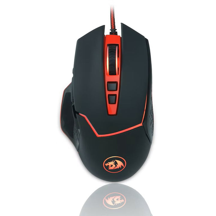 Black gaming mouse with red accents on a white background