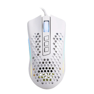 White gaming mouse with honeycomb design on a white background