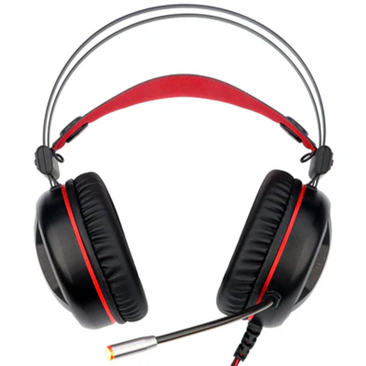 Black gaming headset with red accents on a white background