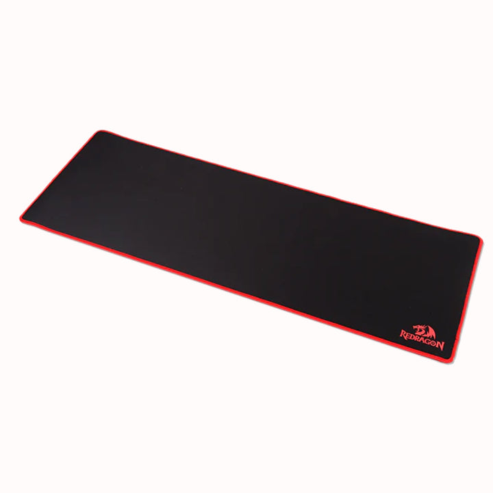 Black mouse pad with red border and logo on a white background