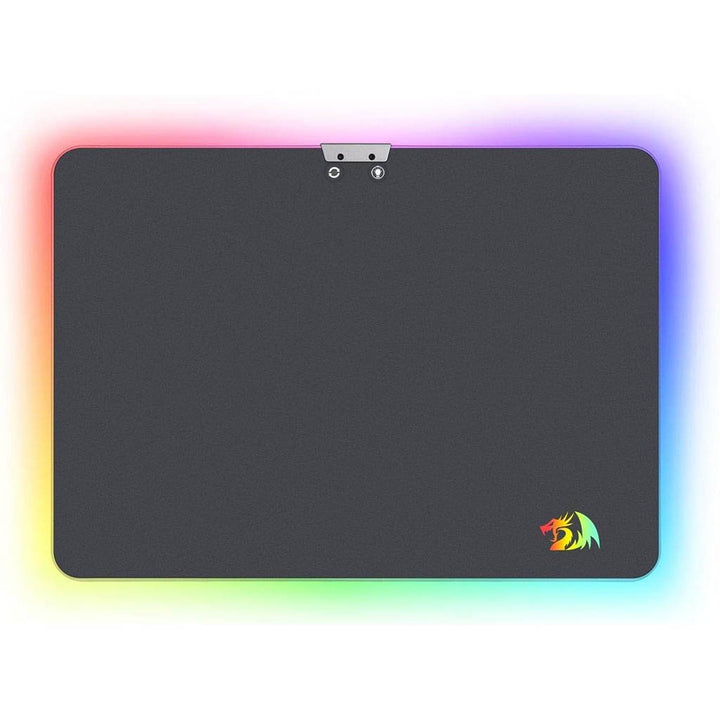 Gaming mouse pad with RGB lighting and a logo on a white background