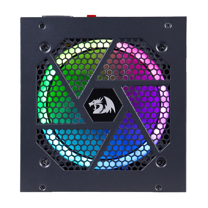 Redragon PS007 Black 80 Plus Gold RGB Power Supply with a colorful fan and a hexagonal grill.