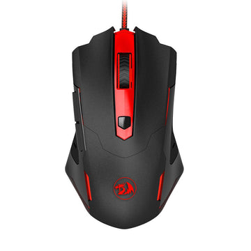 Black and red gaming mouse on a white background