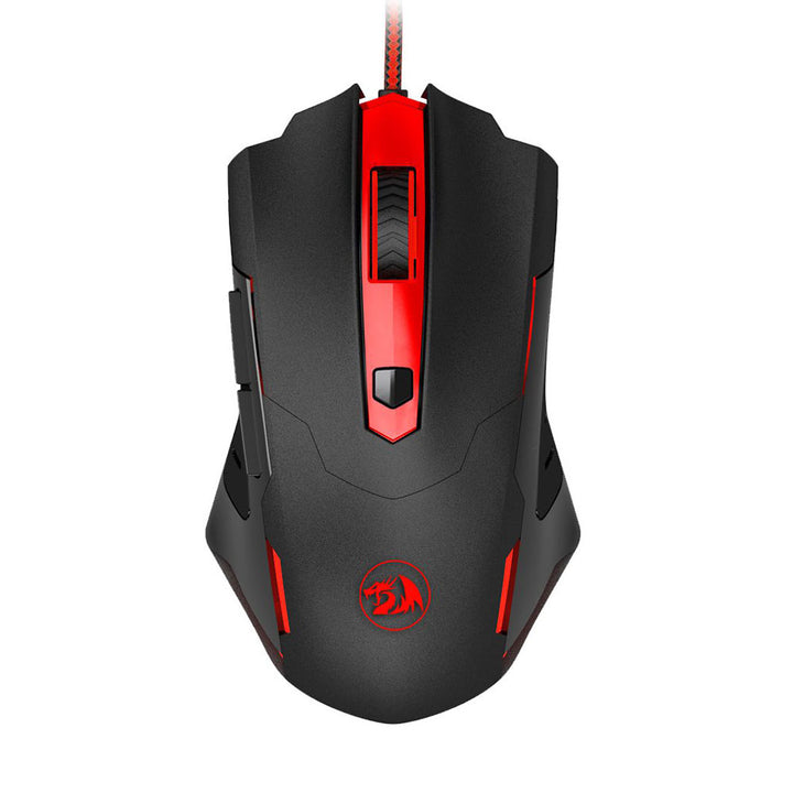 Black and red gaming mouse on a white background