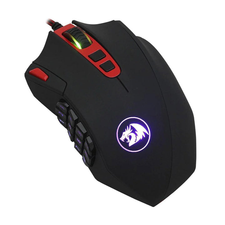 Gaming mouse with red accents and a dragon logo on a white background