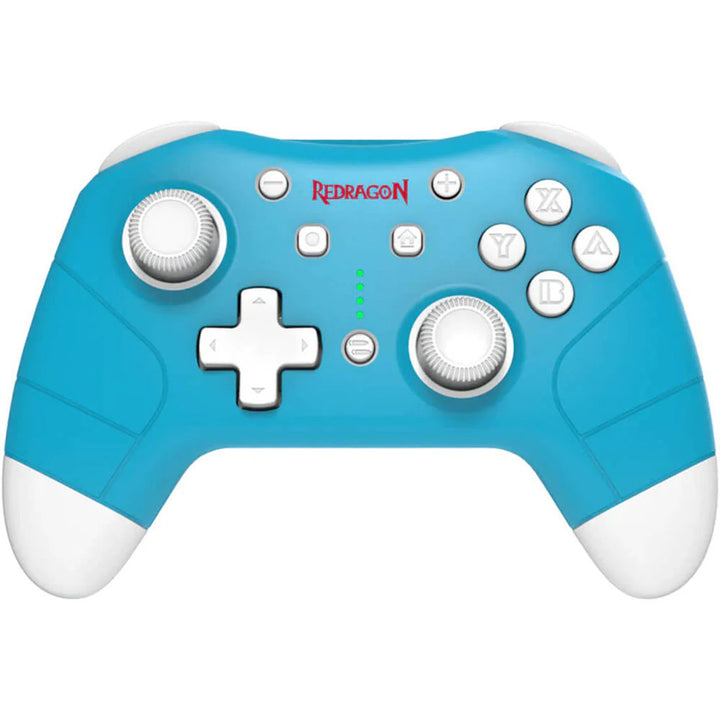 Blue gaming controller with white accents on a white background, featuring the Redragon logo.