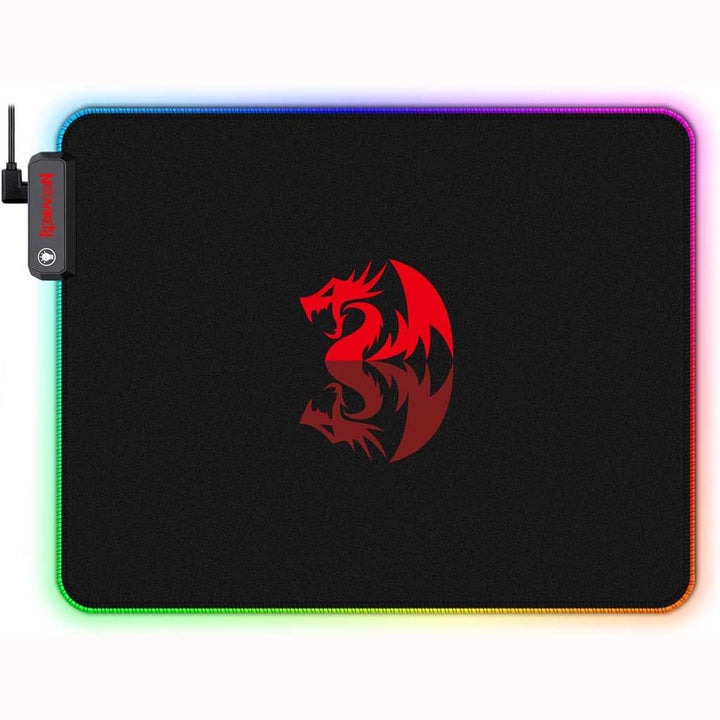 Gaming mouse pad with red dragon logo and RGB lighting on a white background