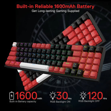 Information on the long-lasting battery life of the wireless Redragon Pollux Pro K628 RGB Mechanical Gaming Keyboard