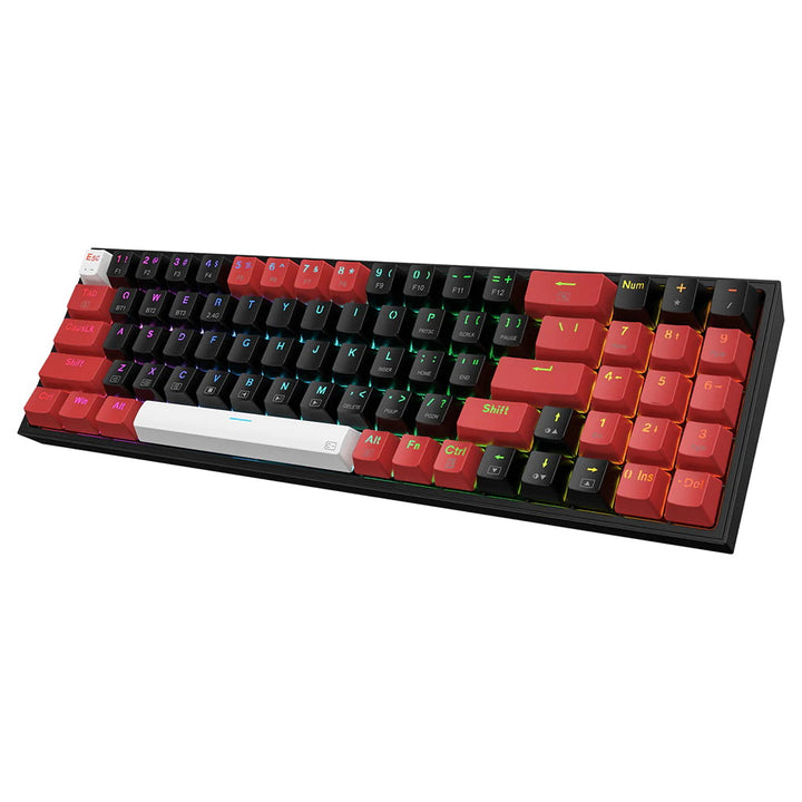  Redragon Pollux Pro K628 RGB mechanical keyboard, showcasing its compact 75% layout, red and black keycaps & RGB lighting