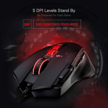 Front view of Redragon Predator M612 Black RGB Gaming Mouse showing adjustable DPI levels (500-4000)