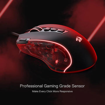 Ergonomic side view of the Redragon M612 Predator Black RGB mouse, highlighting the professional gaming sensor and responsive click