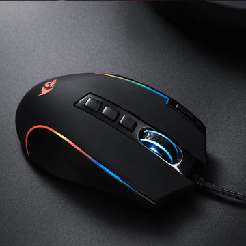 Redragon M612 Predator RGB Gaming Mouse from above showing RGB lighting on Edges, Wheel and Logo