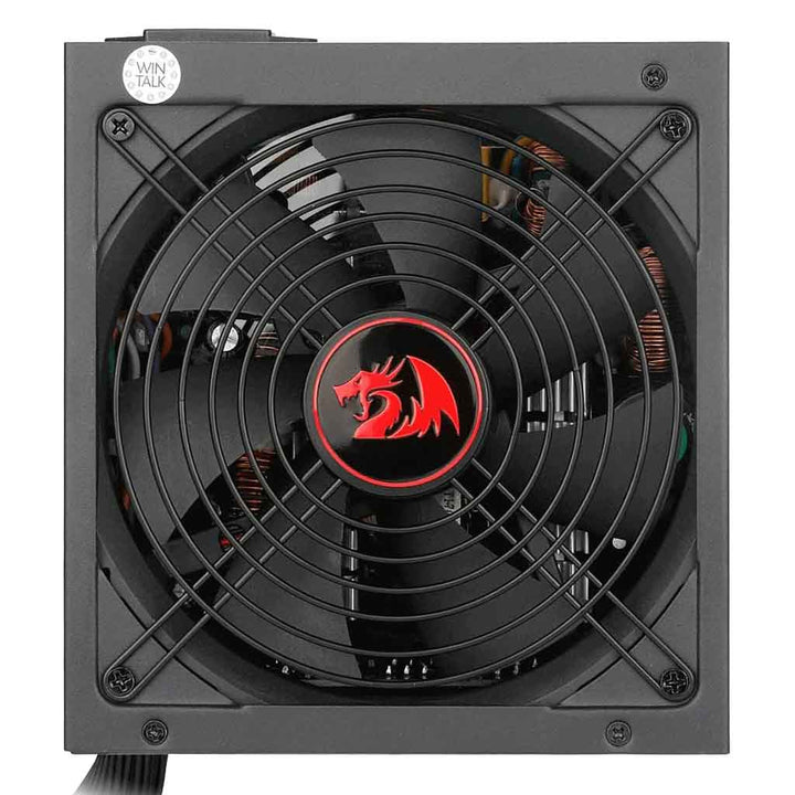Computer fan with a red dragon logo on a white background