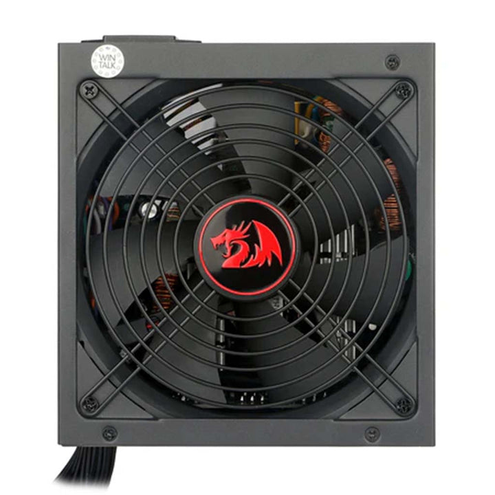 Computer fan with a red dragon logo on a white background