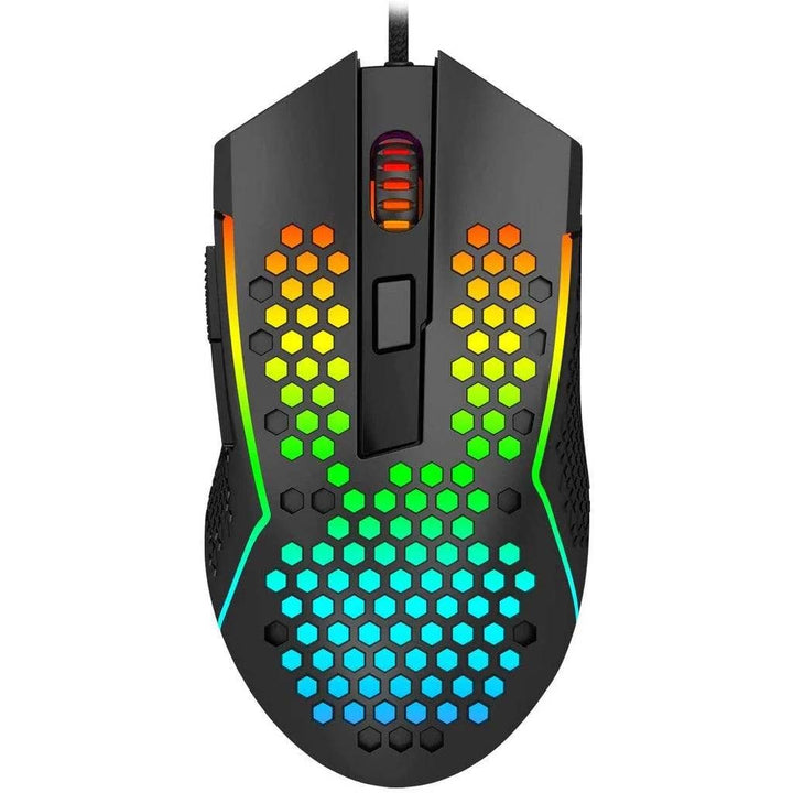 Gaming mouse with colorful LED lighting on a white background