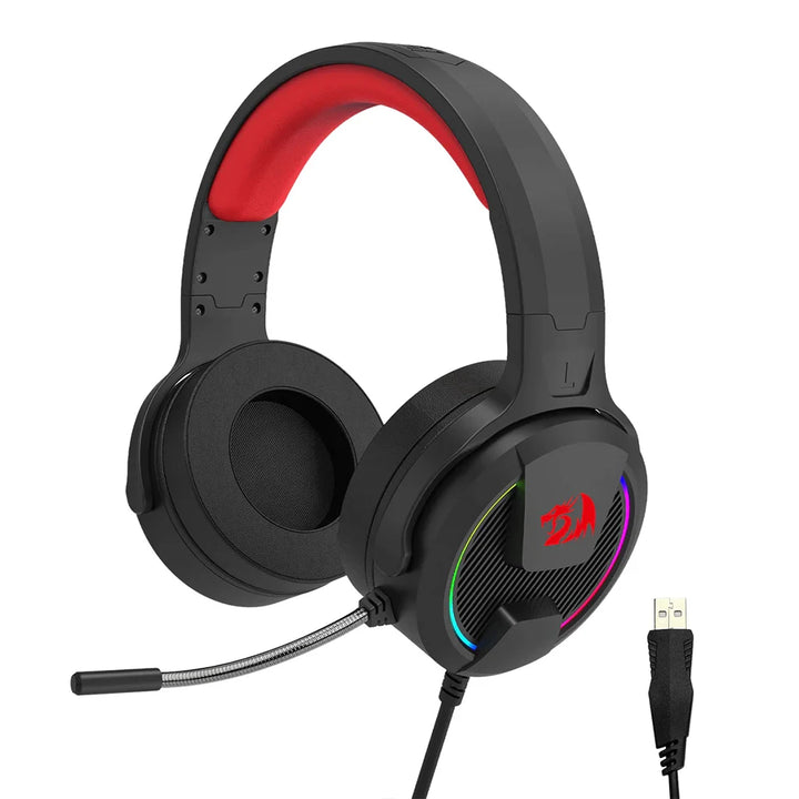 Redragon H315 Gaming Headset with thick black earcups, red cushioned headband interior, colorful RGB lighting, and wired USB connection.