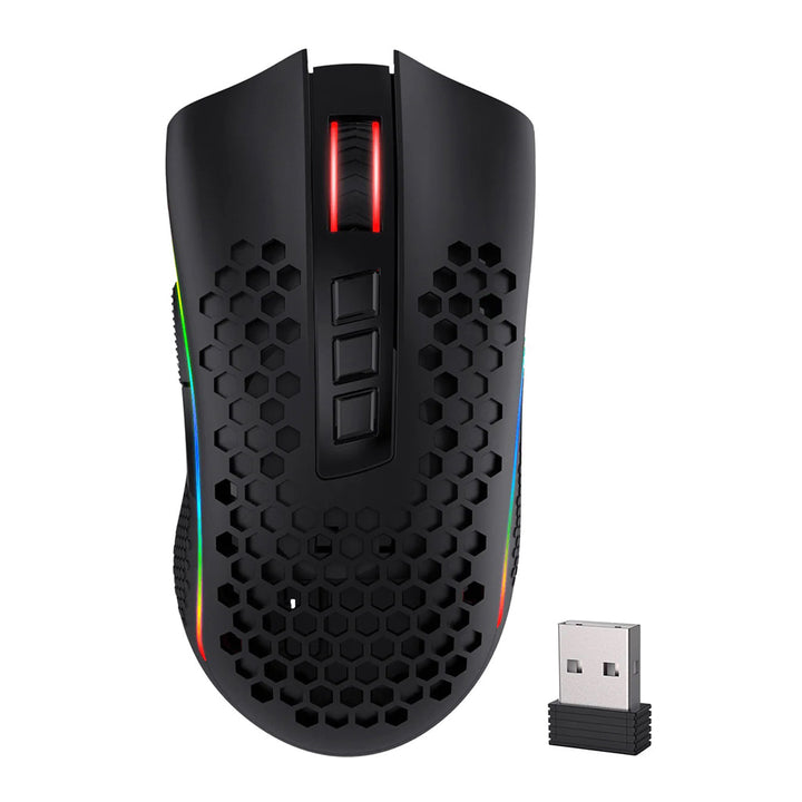 Black gaming mouse with RGB lighting and USB receiver on a white background